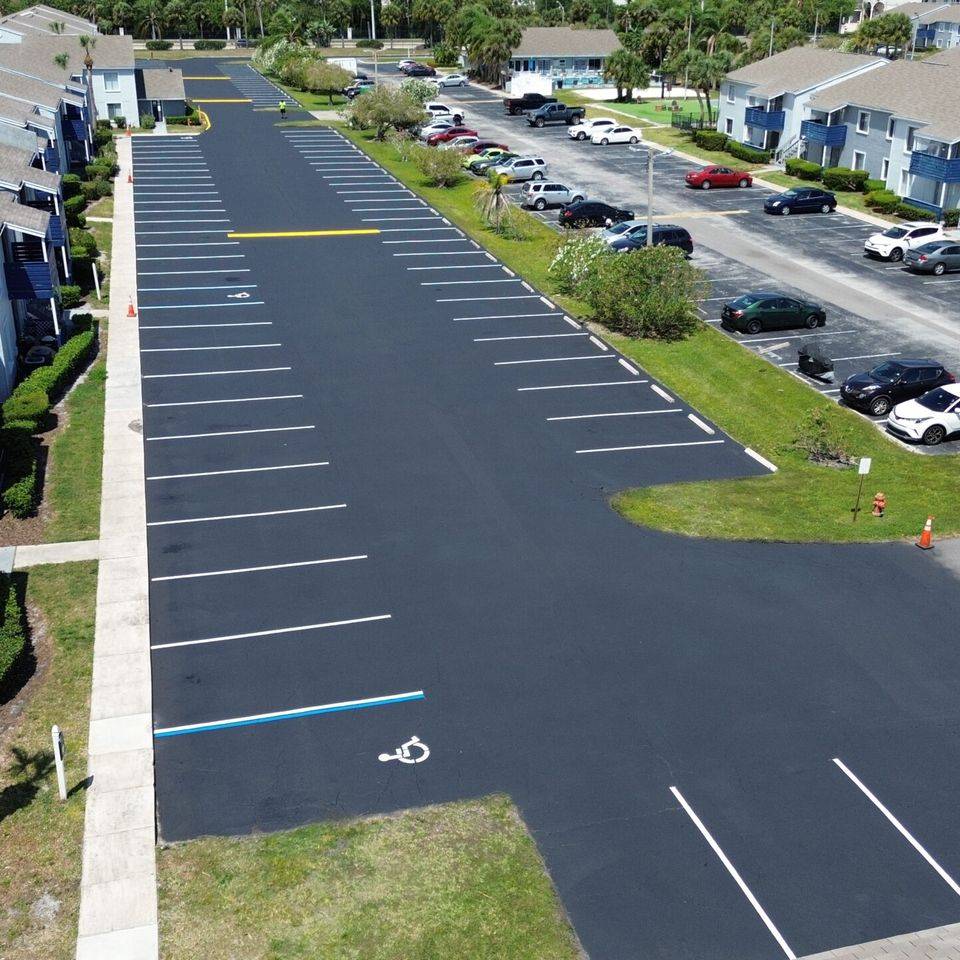 Aerial view of a newly striped parking lot